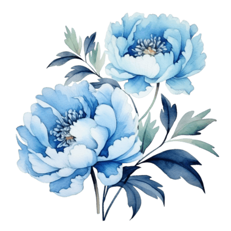 创意建模蓝色水彩植物牡丹芍药花朵元素免抠图案