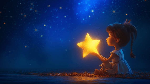 星空夜空浪漫蓝色浪漫星空下女孩抱着星星的插画13