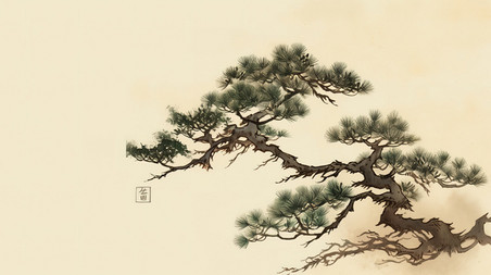 创意松树中国风水墨迎客松古代绘画插画