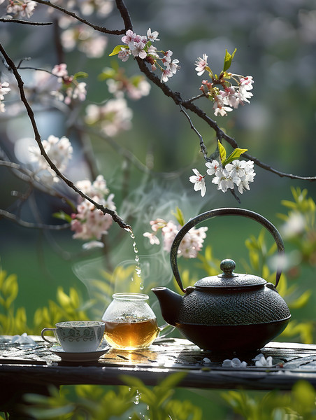 创意餐饮中式茶道茶园品茶春天桃花树下喝茶优雅摄影图