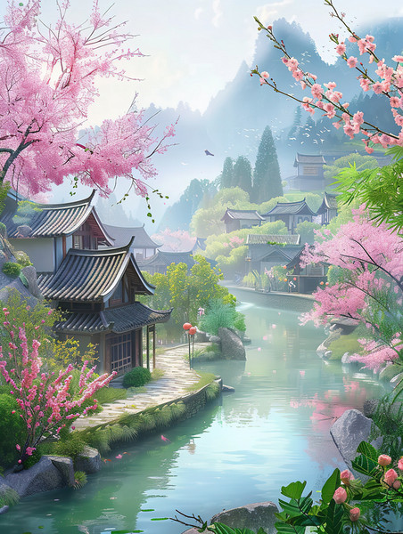创意春天江南水乡风景盛开的花朵的村庄图片