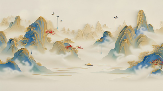 创意中国风山脉鎏金抽象画插画