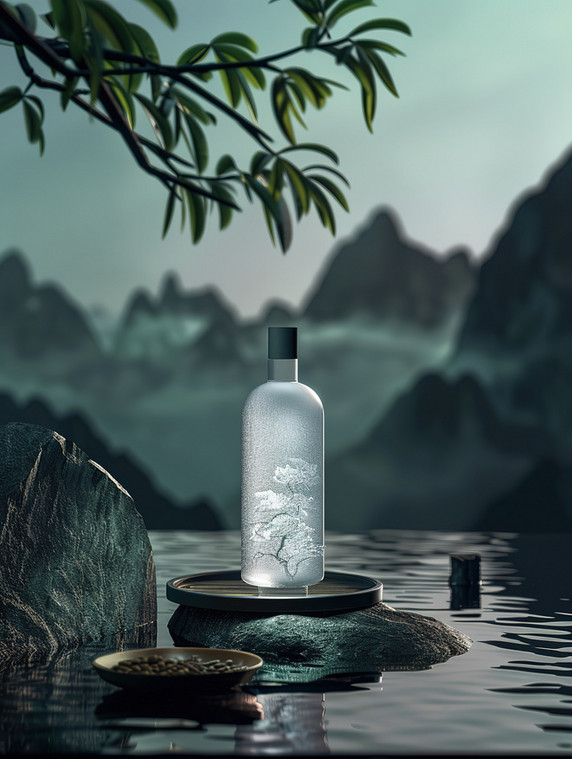 清明节中式中国风山水酒水瓶子雅致产品摄影摄影配图