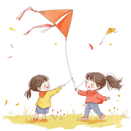 创意春天玩耍孩子放风筝卡通手绘春游元素