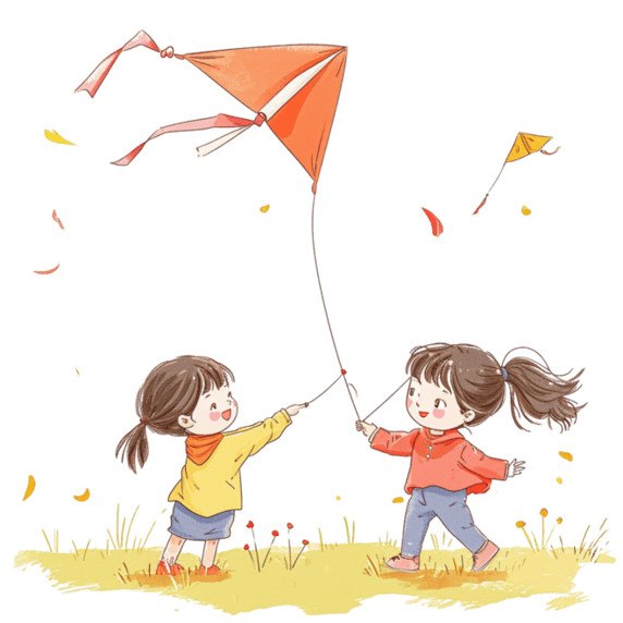 创意春天玩耍孩子放风筝卡通手绘春游元素