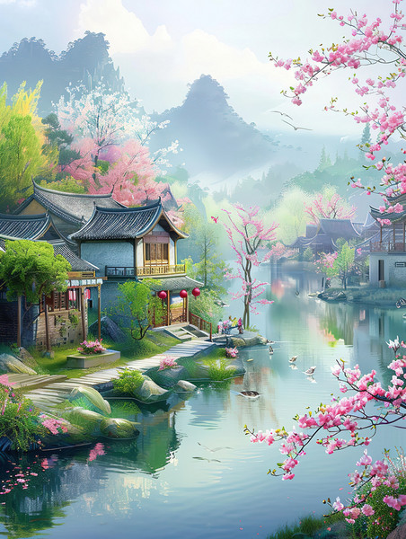 创意春天江南水乡风景盛开的花朵的村庄插画设计