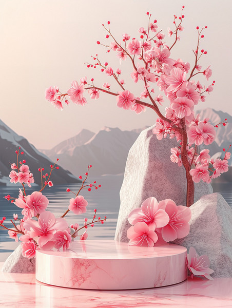 创意春天温暖阳光桃花樱花季植物电商展台背景图