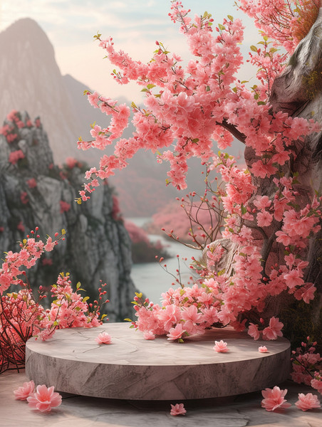 樱花季植物春天温暖阳光桃花电商展台背景图