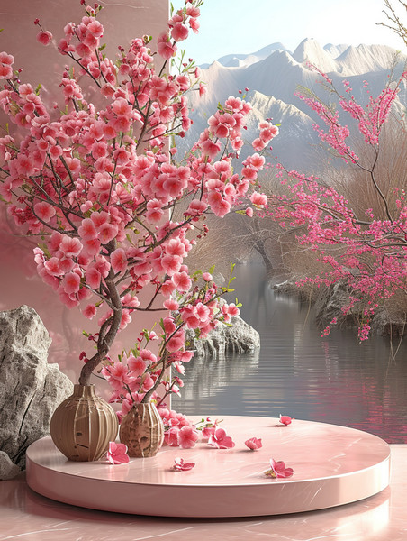 创意春天樱花季植物温暖阳光桃花电商展台设计图