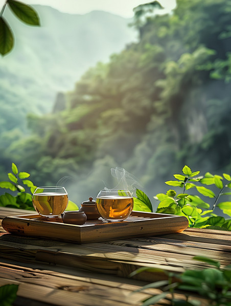 创意春茶放在木托盘上餐饮中式茶道茶园品茶高清摄影图