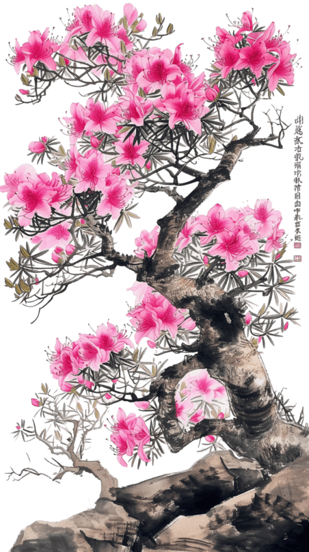 创意春天植物树木中国风水墨杜鹃花花朵元素手绘
