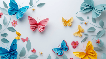 创意扁平化彩色折纸蝴蝶花朵的剪纸风春天插画