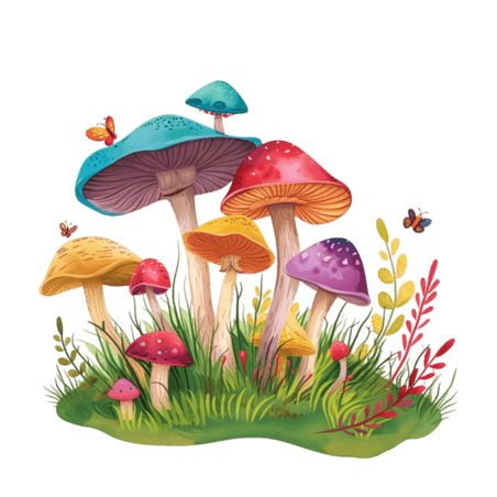 创意春天植物蘑菇彩色手绘免抠元素
