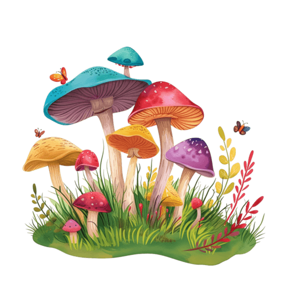 创意春天植物蘑菇彩色手绘免抠元素
