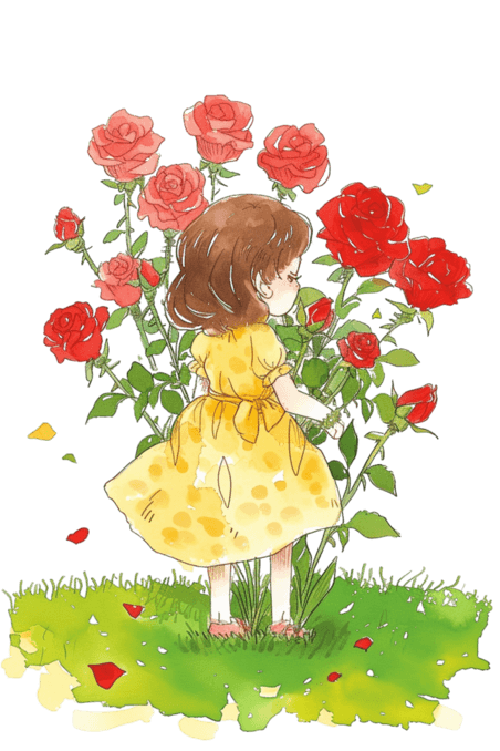 创意春天可爱女孩草地鲜花童话玫瑰花手绘免抠元素