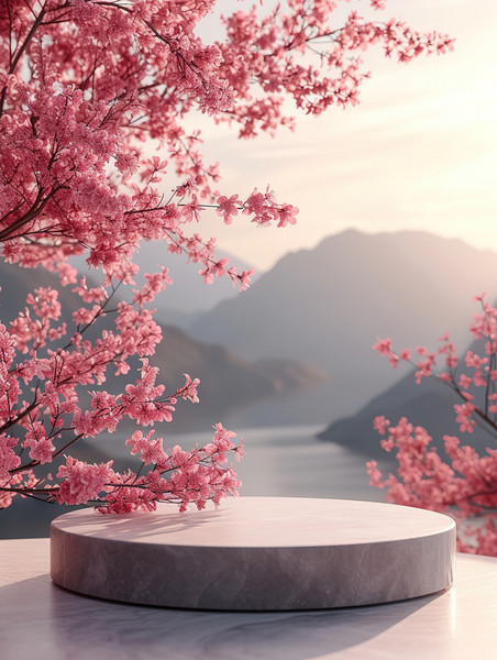 创意春天温暖阳光桃花电商展台樱花季植物背景