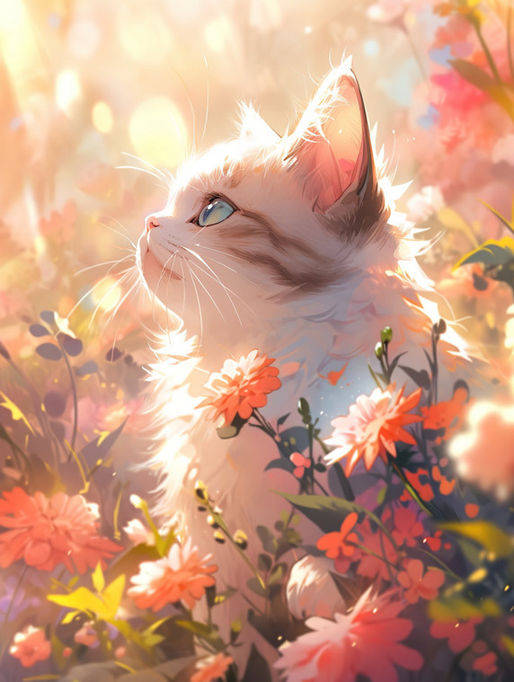 创意可爱春天春季风景漫画小猫和花卡通矢量插画童话
