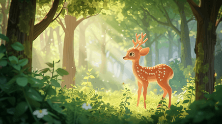 春天童话春季唯美森林里彩色小鹿的插画10