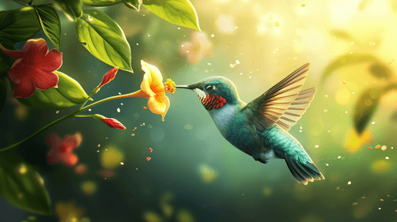 创意美丽春天阳光花丛里小鸟采花蜂鸟动物背景的插画5