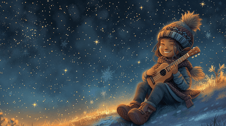 创意冬季星光下文艺女孩抱着吉他的星空夜空浪漫插画1
