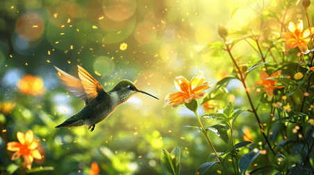 创意美丽春天阳光花丛里小鸟采花的蜂鸟动物背景插画7