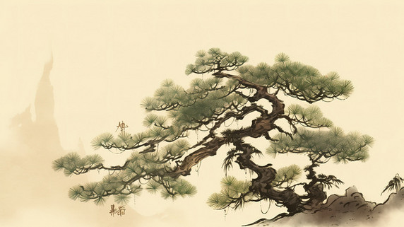 创意中国风水墨松树迎客松古代绘画原创插画