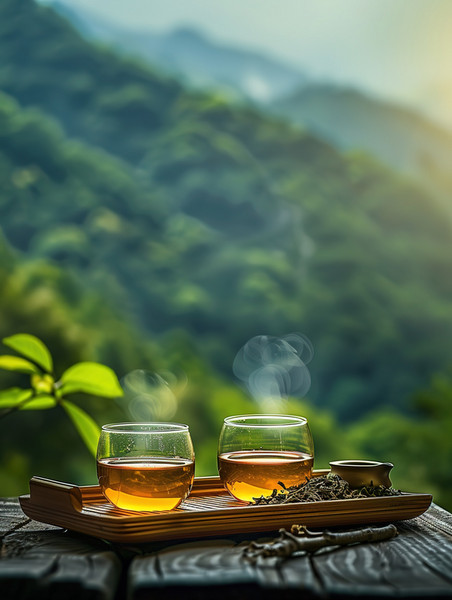 创意春茶放在木托盘上餐饮中式茶道茶园品茶摄影图