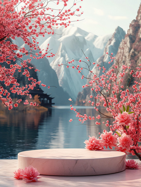 创意春天温暖阳光桃花樱花季植物电商展台背景素材