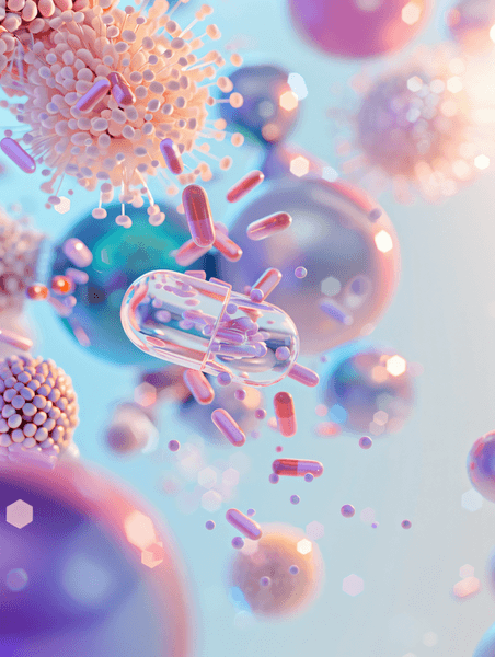 创意药片保健品免疫力医疗紫色病毒细胞概念图