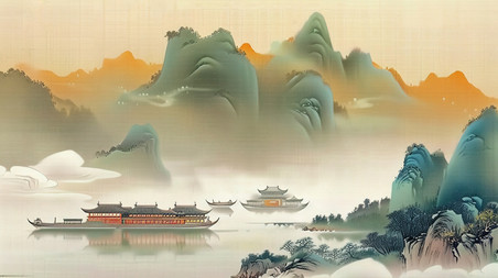 创意中国风古代山水画中国风水墨插画素材