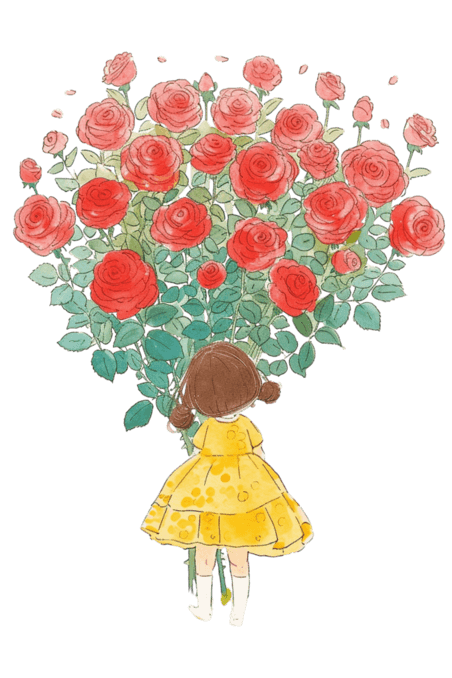 童话玫瑰花春天可爱女孩鲜花草地手绘免抠元素