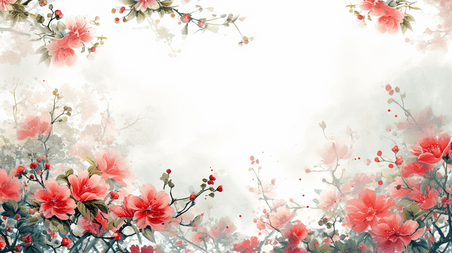 中国风水墨花朵植物红色花艺边框创意背景11
