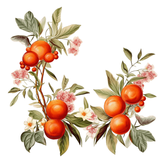 创意素材树枝水果版画柿子橘子元素免抠图案