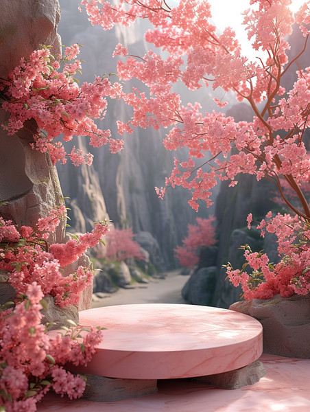 创意春天温暖阳光桃花电商展台背景樱花季植物