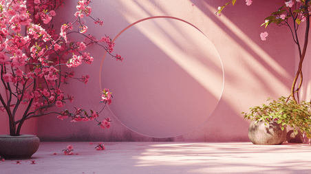 创意扁平化粉色中式古建筑古风庭院的情人节妇女节中国风插画19
