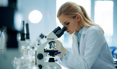创意年轻女医疗科研人员使用显微镜医疗实验试管研究生物化学