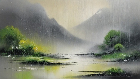 创意清新春天大雨中的风景清明节下雨植物中国风背景素材