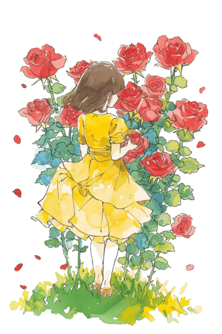 创意童话玫瑰花春天可爱女孩鲜花草地手绘免抠元素