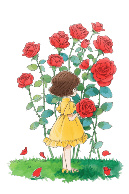 创意浪漫唯美春天可爱女孩玫瑰花童话鲜花草地手绘免抠元素