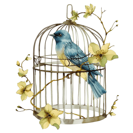 创意春天水彩鸟笼元素花草笼子小鸟手绘