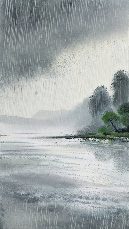 创意清新春天雨中风景清明节下雨植物中国风背景