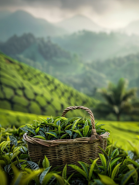 农田风光田园装满茶的竹篮茶园摄影照片