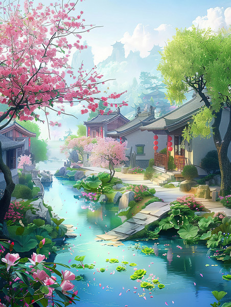 春天江南水乡风景盛开的花朵的村庄图片