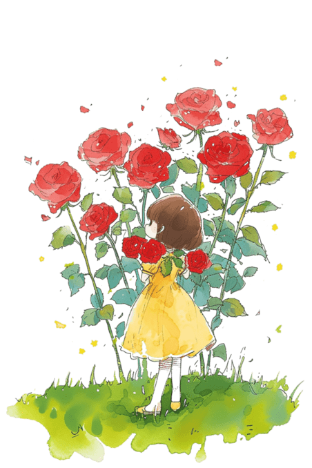 创意春天草地可爱女孩鲜花童话玫瑰花手绘免抠元素