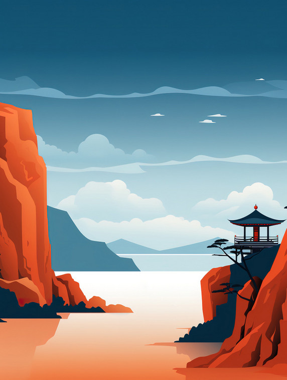 创意东方山景亭子宁静祥和插画撞色剪影夕阳中国风