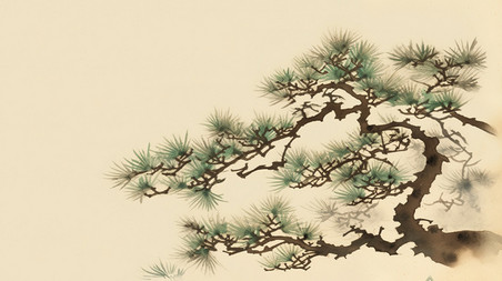 创意松树迎客松古代绘画中国风水墨原创插画