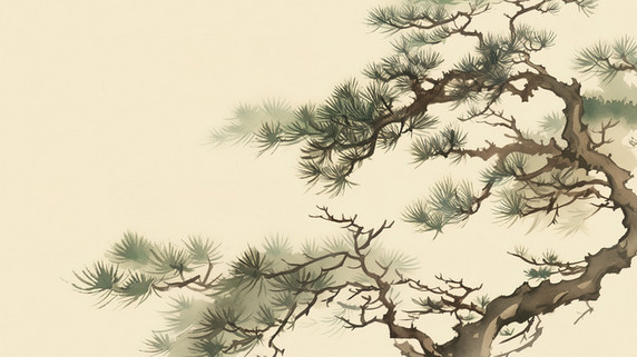创意松树迎客松中国风水墨古代绘画原创插画