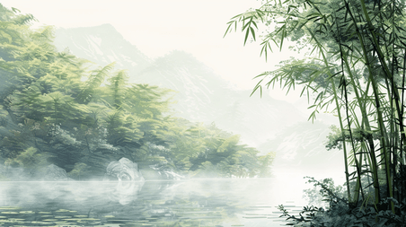 创意春季大自然森林里竹子风景风光的清明节中国风插画11