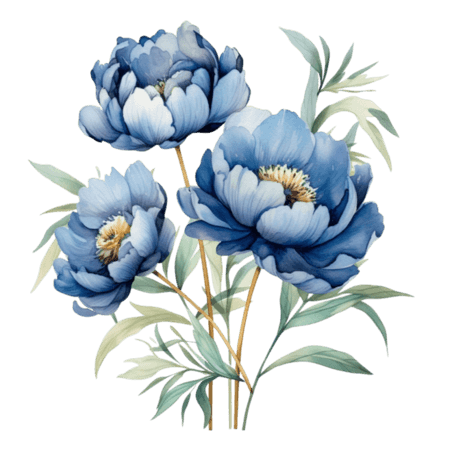 水彩植物牡丹芍药创意纹理蓝色花朵元素免抠图案