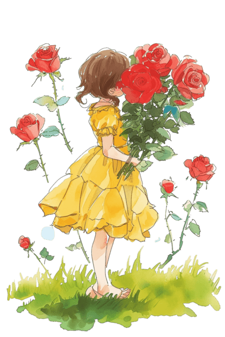童话玫瑰花春天可爱女孩鲜花草地免抠元素